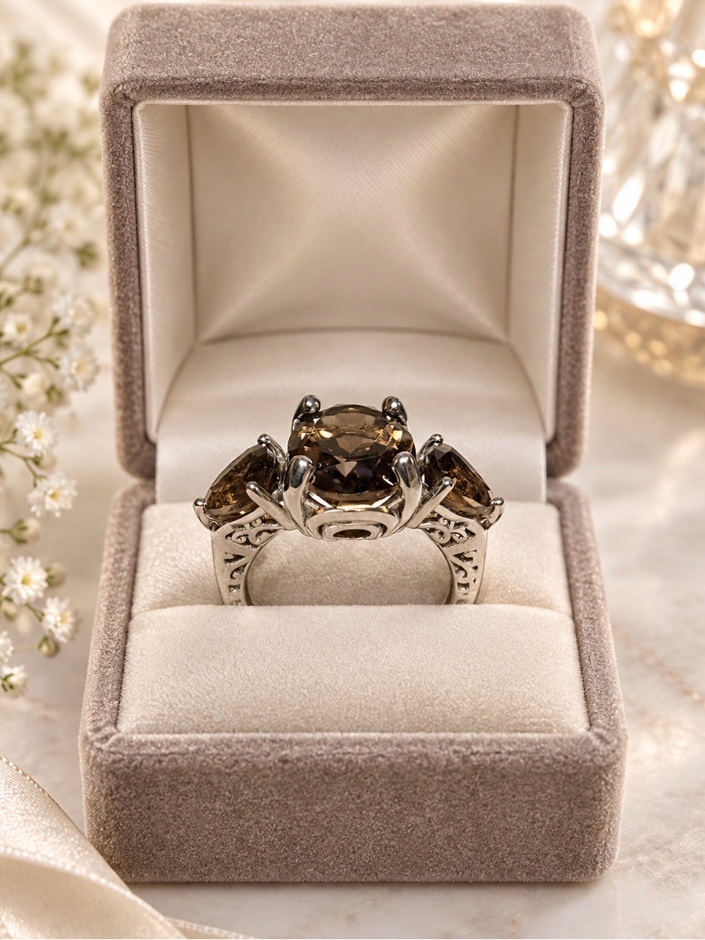 Ring Sterling Silver Three-Stone Smoky Quartz Intricate Detailed Statement